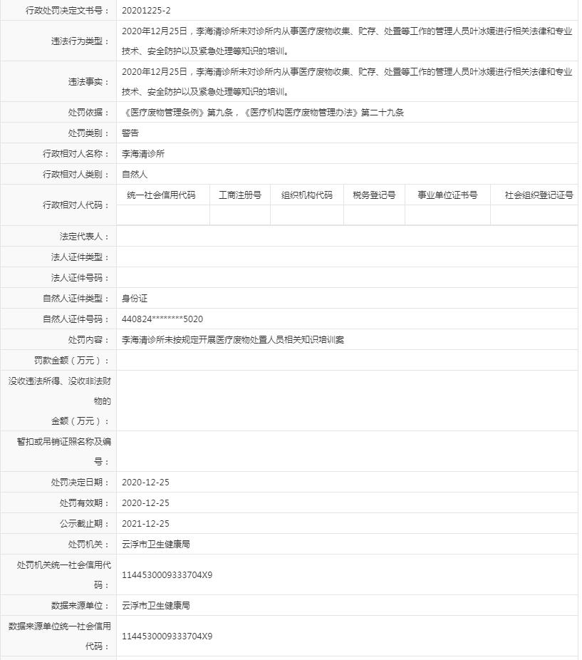 2020年12月25日，李海清诊所未对诊所内从事医疗废物收集、贮存、处置等工作的管理人员叶冰媛进行相关法律和专业技术、安全防护以及紧急处理等知识的培训。.jpg